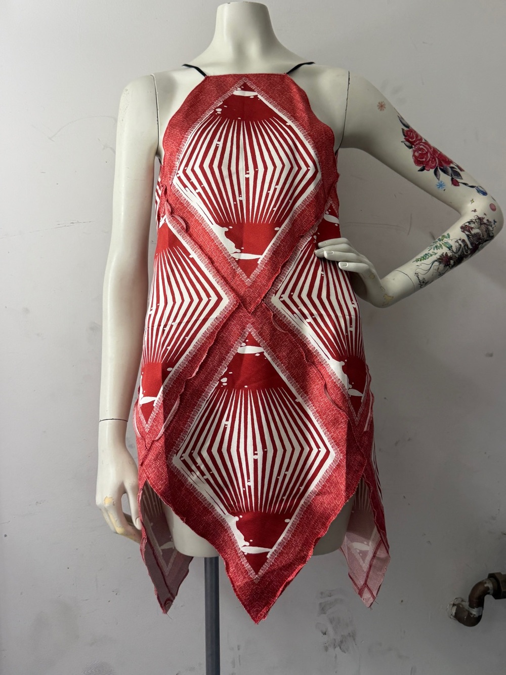 Red silk tank dress geometric print tank dress summer vacation mini dress